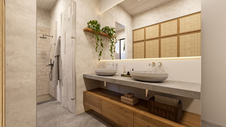 Bathrooms with natural wood furniture and stone sinks