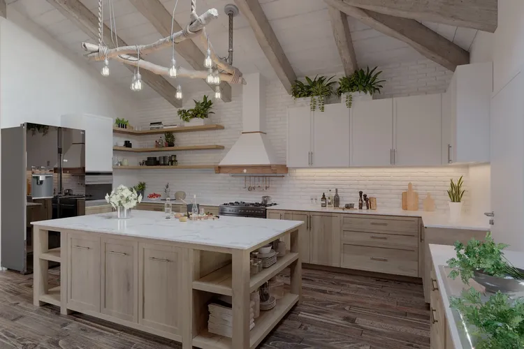 Cocina de diseño rústico y acabados naturales