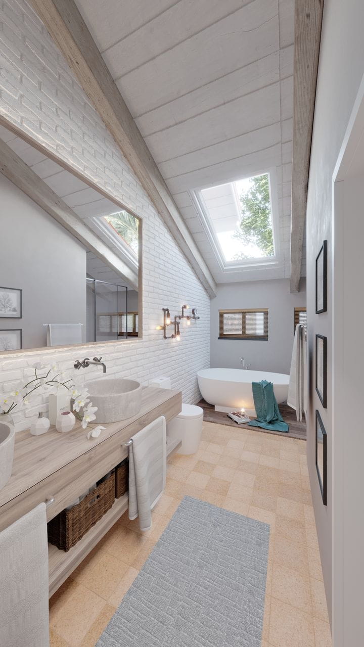 Bathrooms with freestanding bathtub and natural light inlets