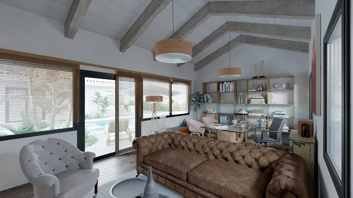 Despacho con grandes ventanales de salida a piscina