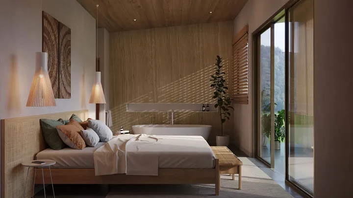Master bedroom details in wood and natural stone