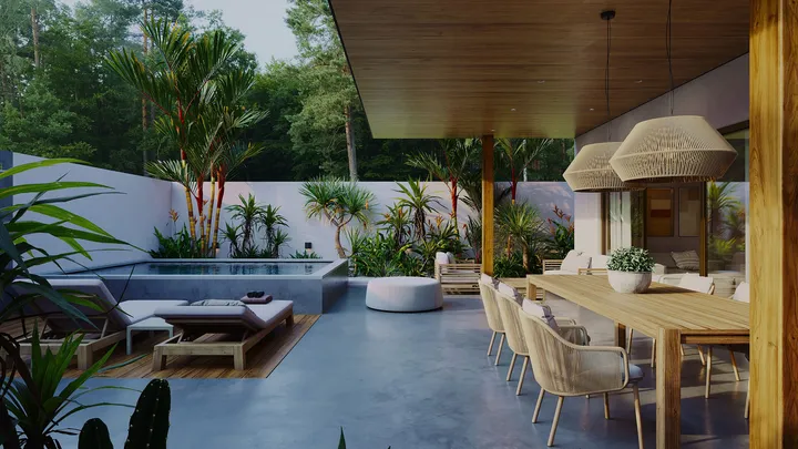 Private pool area and outdoor terrace with natural wood finishings