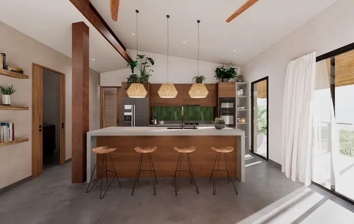 Cocina en madera natural con isla desayunador