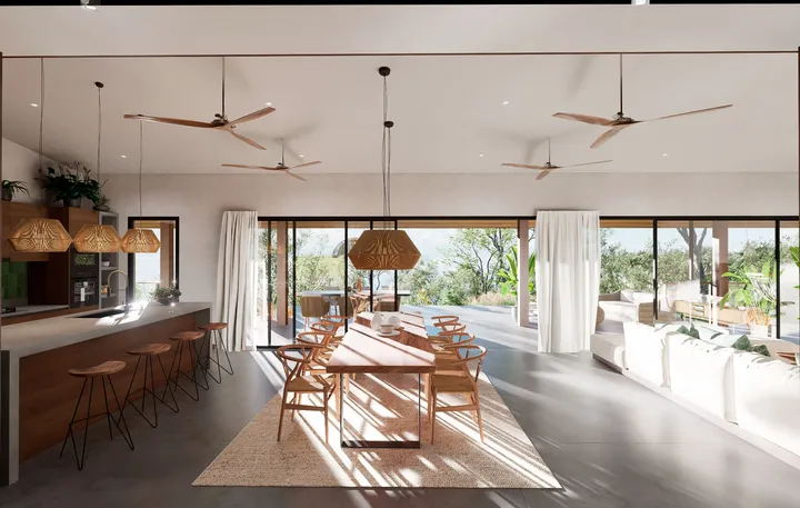 Dining room with rustic furniture and natural ventilation
