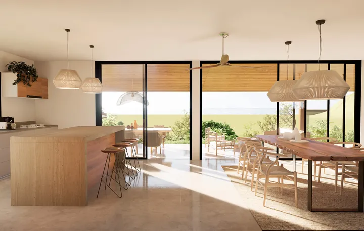 Conexión de espacios de cocina y living con el exterior de la casa