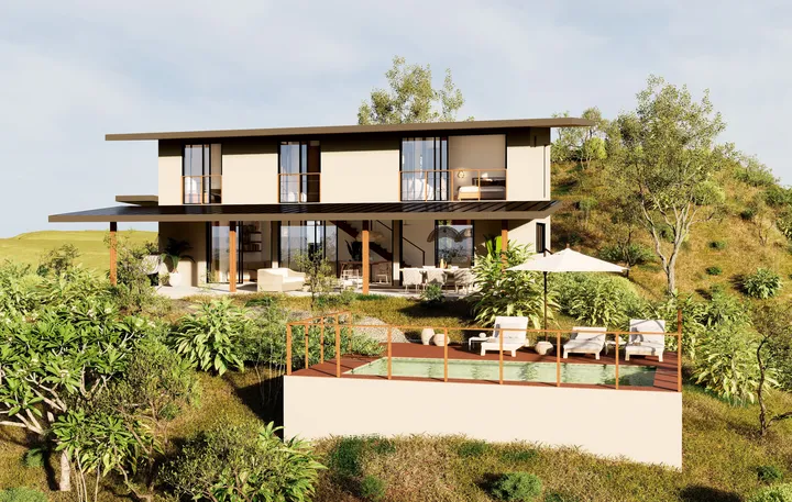 Mountain house with high design architecture including the social area with swimming pool.