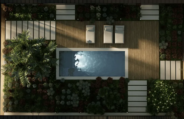 Concrete pool with Balinese Sukabumi stone finish and saltwater chlorination system.