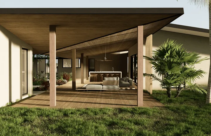 Living room area equipped with an outdoor kitchen.