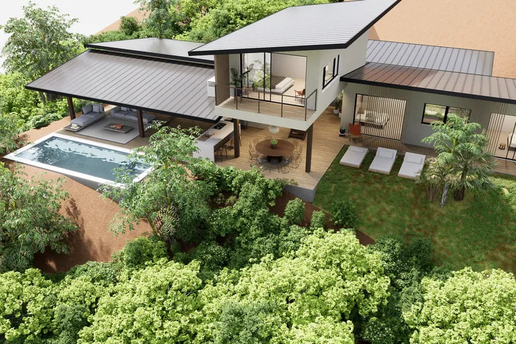 Una casa moderna que fusiona arquitectura y naturaleza, situada sobre una plataforma con volúmenes abiertos, terrazas y una piscina infinita que potencian la luz natural y la fluidez del espacio.