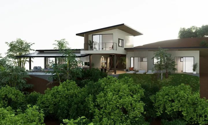 Casa contemporánea en una ladera rodeada de exuberante vegetación, con múltiples niveles, amplias ventanas y áreas de estar al aire libre. Elevada sobre pilotes, el diseño se fusiona con el paisaje natural, empleando madera y concreto para optimizar la ar