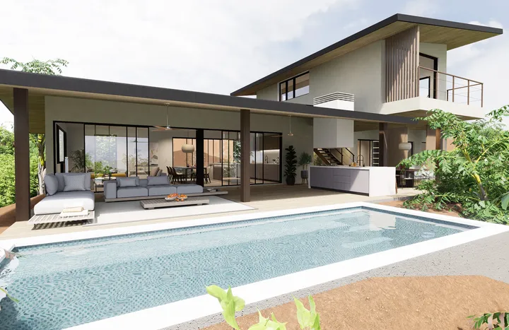 A modern two-level house with an open design, characterized by large glass doors and windows that flood the space with natural light. The outdoor area includes a luxurious infinity pool, comfortable lounging areas and an elegant dining room, fuContemporar