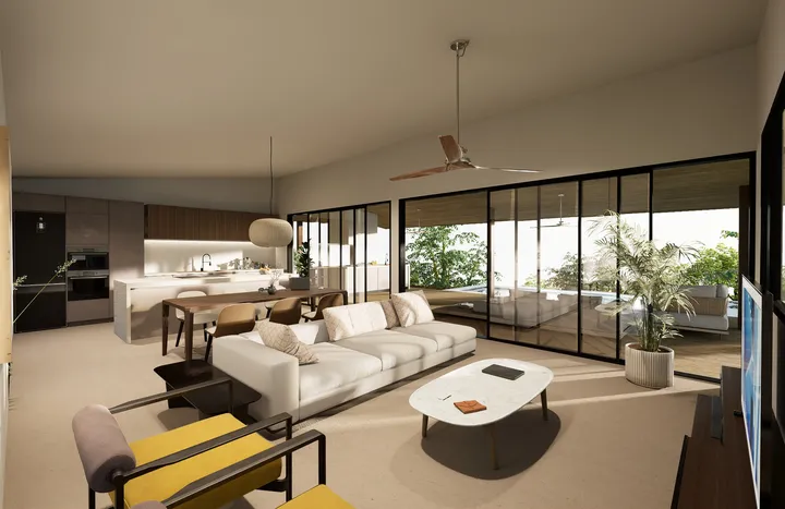 Modern and minimalist bedroom with panoramic ocean view, featuring a low platform bed with white linens, a leather armchair and a wooden nightstand.