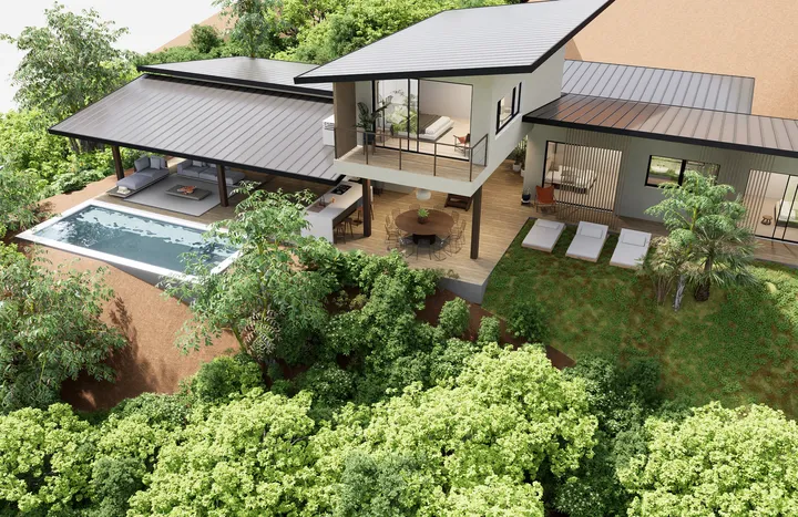 A modern house that fuses architecture and nature, located on a platform with open volumes, terraces and an infinity pool that enhance natural light and the fluidity of space.