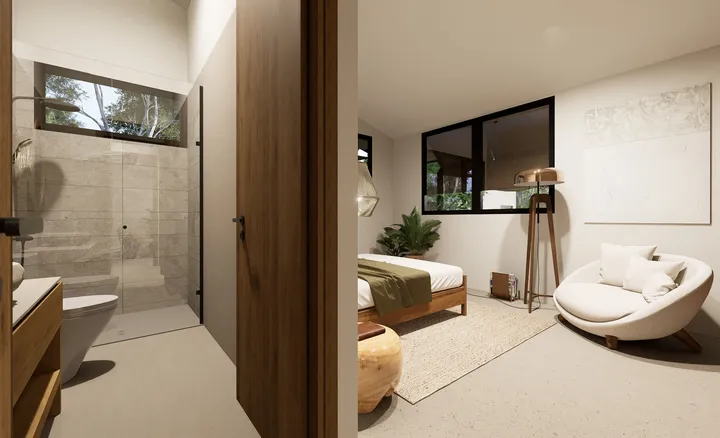 Interior que une dormitorio y baño moderno con mampara de vidrio, madera natural y grandes ventanas que aportan luz y frescura.
