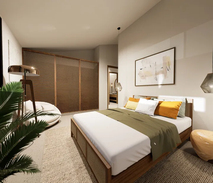 Bedroom with a bed styled in warm tones, a pendant lamp, and tropical elements that enhance a relaxed aesthetic.