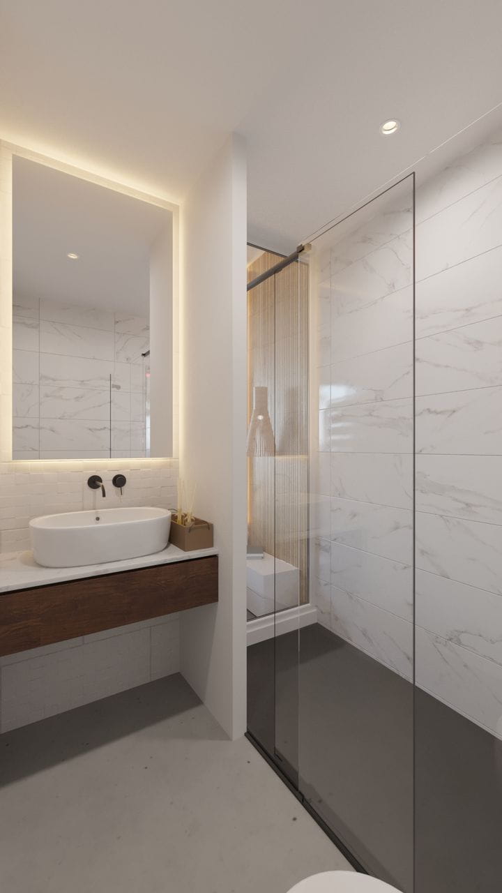 Suelos en concreto pulido con madera natural en paredes. Espacios sencillos, muy acogedores.