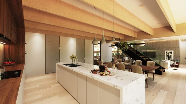  Island in kitchen area with exposed natural wood structure