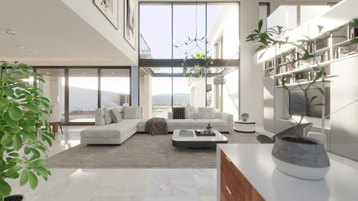 Large windows on facade with solar protection